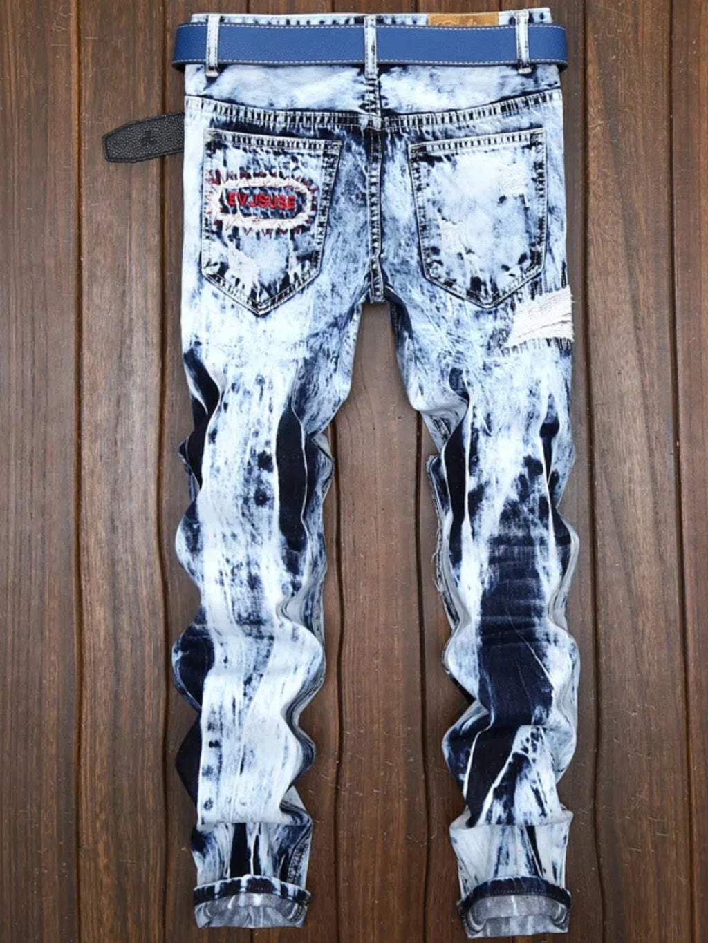 Light Jeans Men's Embroidered Ripped Patch Color Matching Hipster Straight Leg Jeans