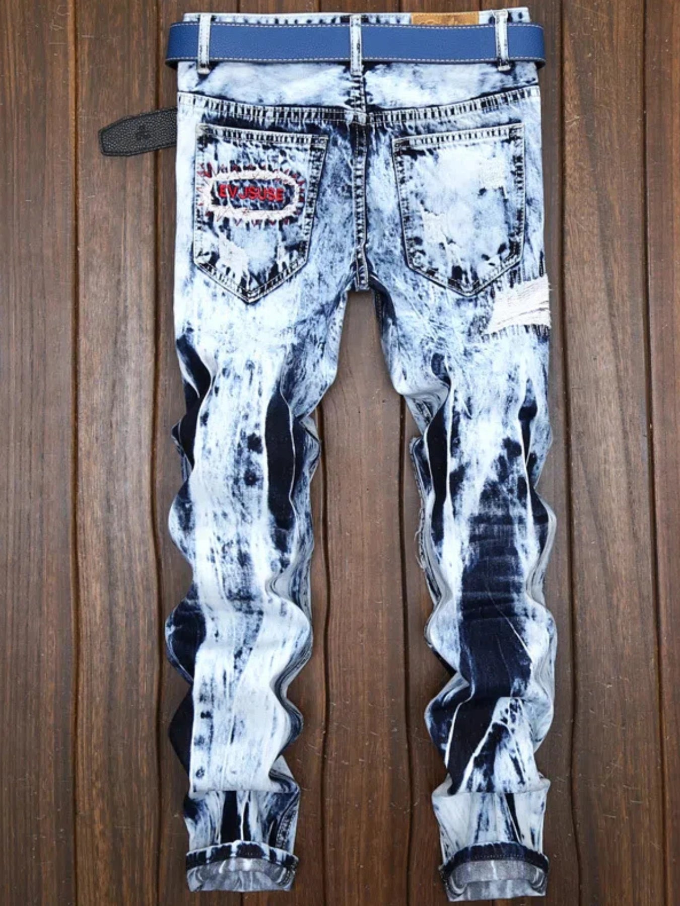 Light Jeans Men's Embroidered Ripped Patch Color Matching Hipster Straight Leg Jeans